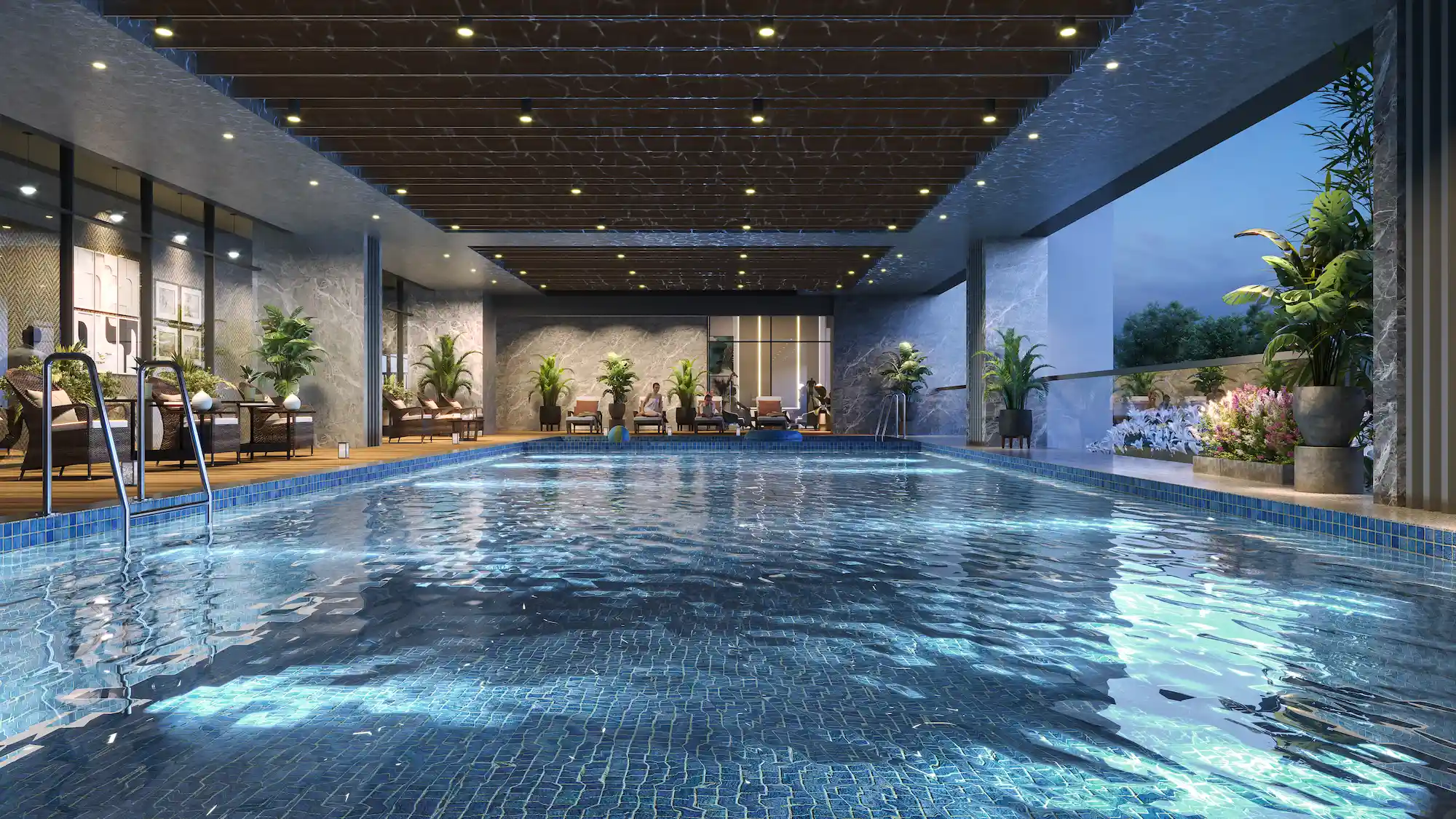 Artist's impression of the swimming pool and seating area at Godrej Madison Avenue.