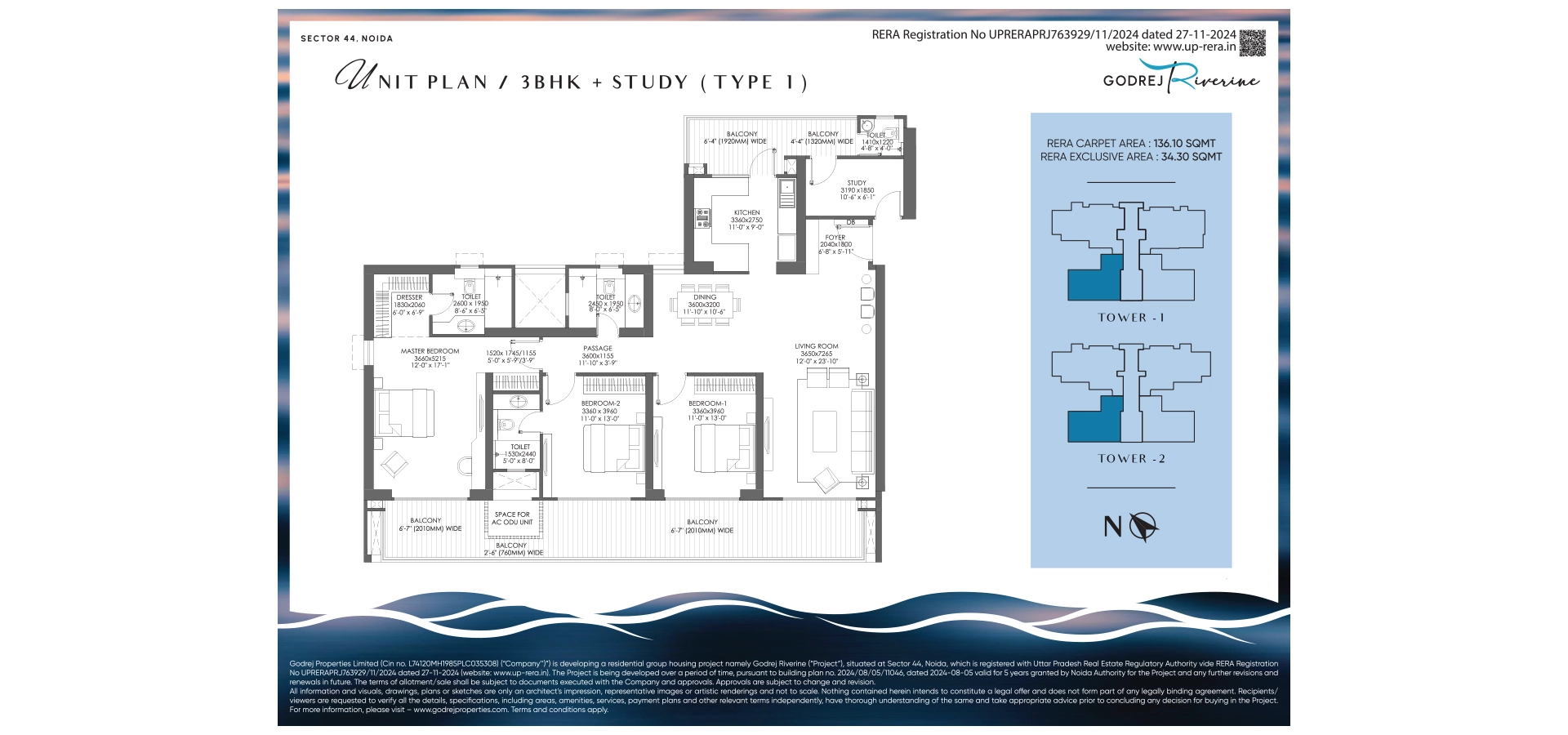 Godrej Riverine 3 BHK + Study floor plan