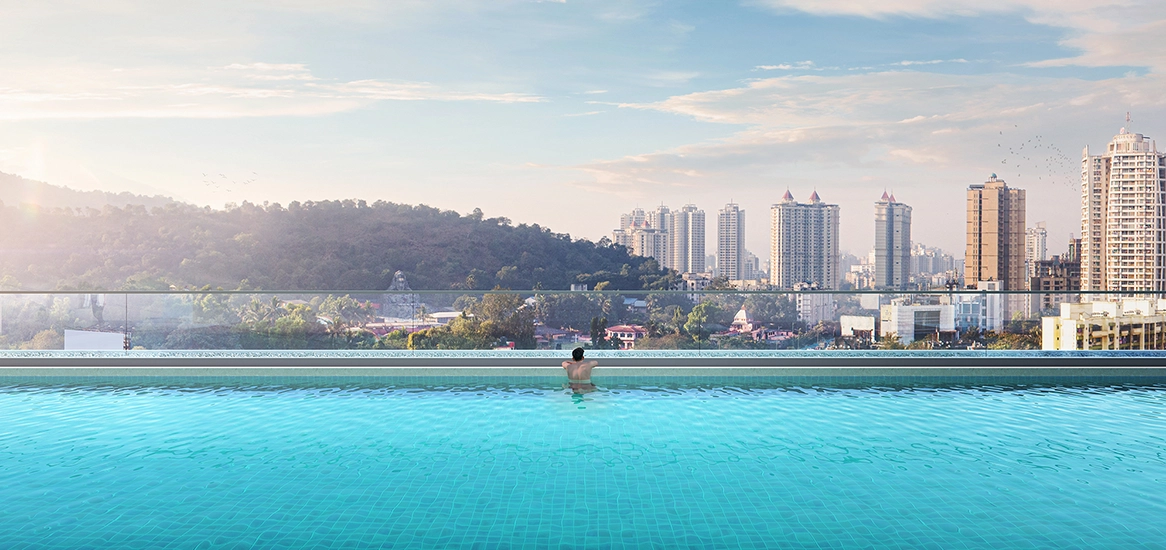 Artist's impression of the rooftop horizon pool overlooking the Thane skyline at Godrej Exquisite.