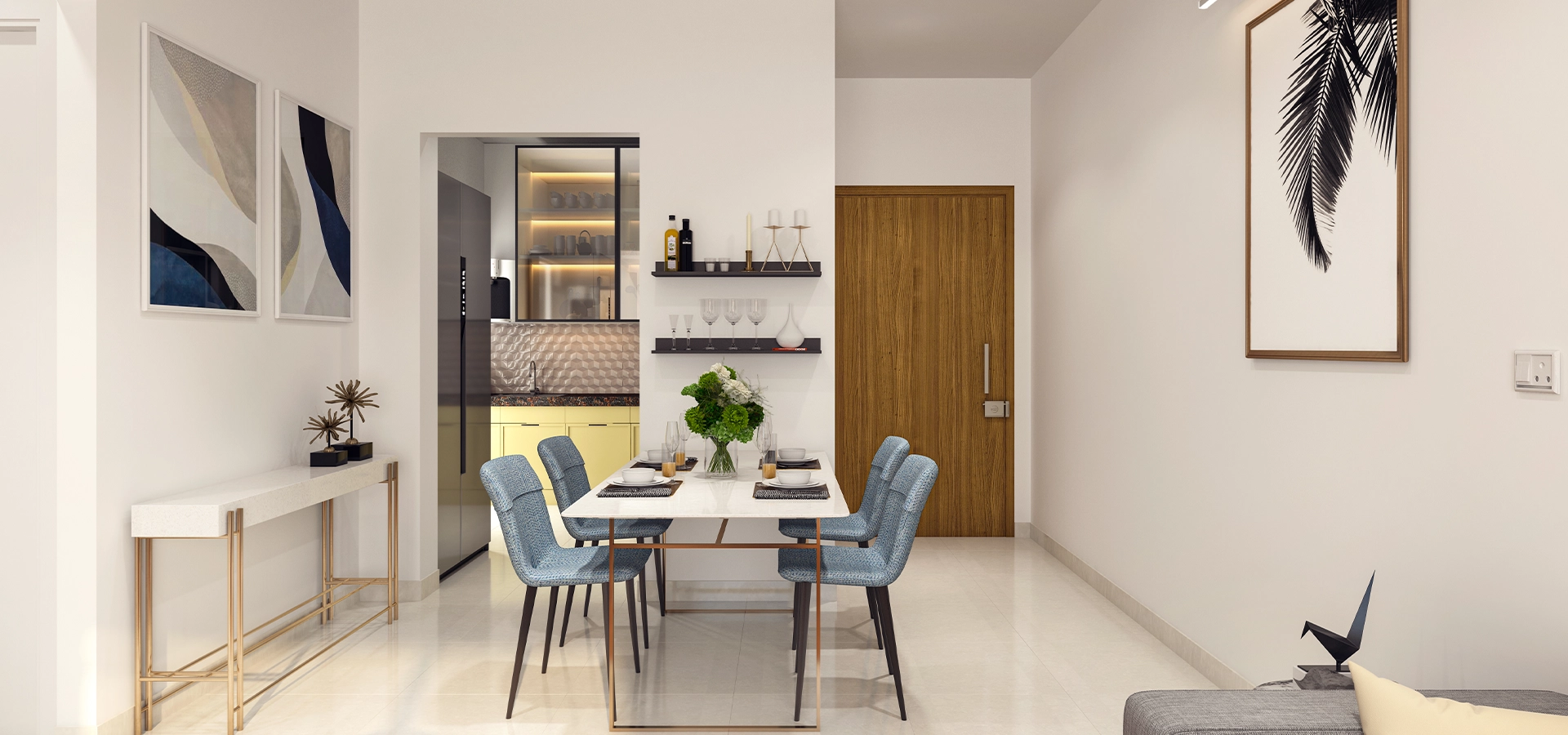 Artist render of a dining table beside an open kitchen in Godrej Hillside 3.
