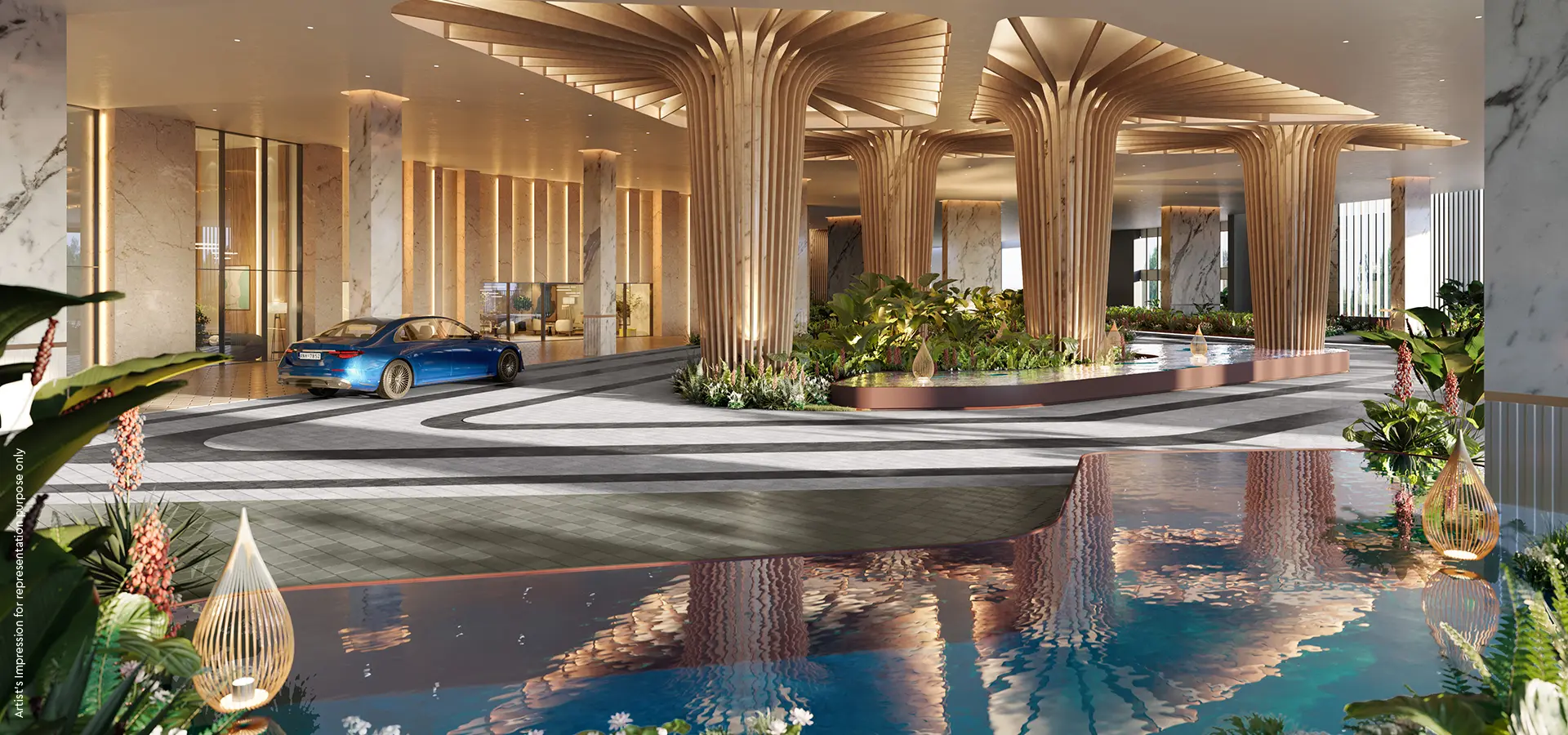 Artist’s impression of a landscaped entrance court with water feature at Godrej Avenue Eleven.