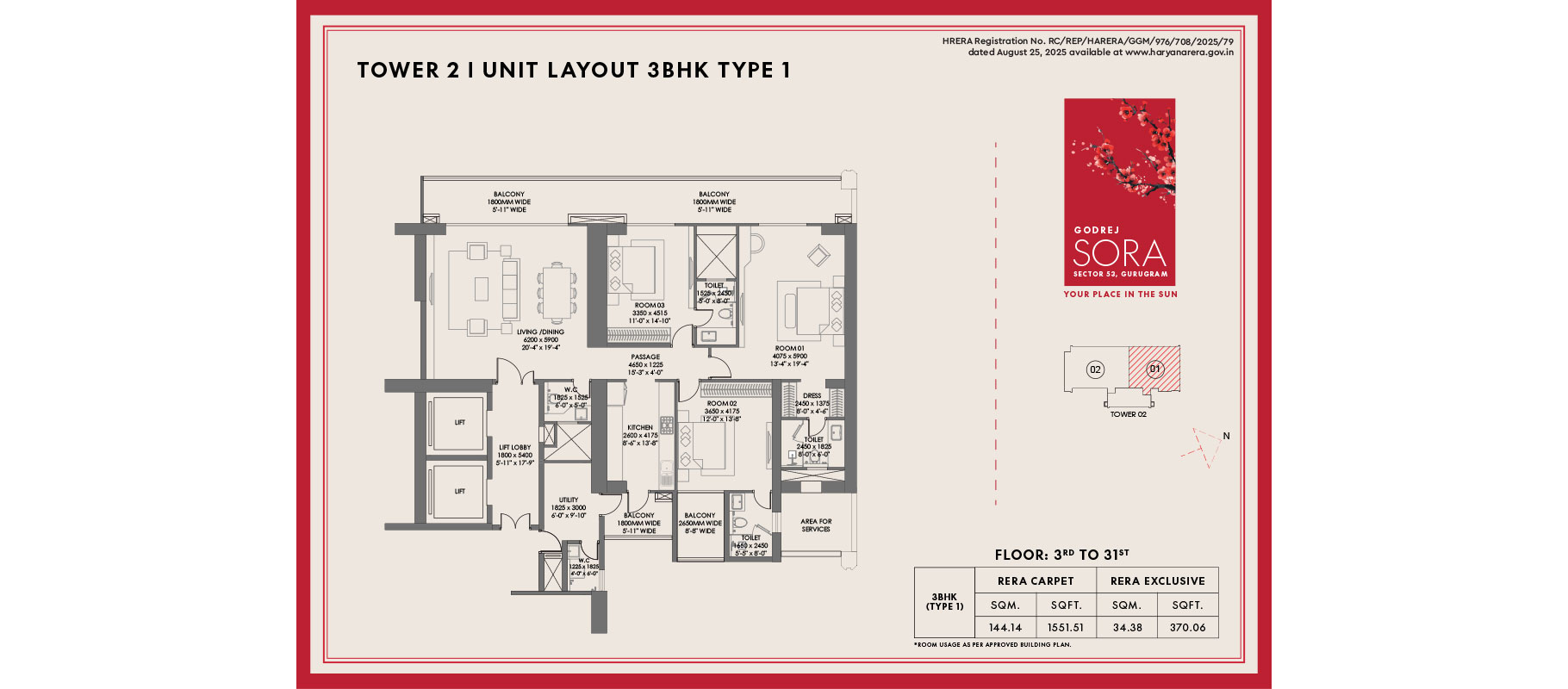 Godrej Sora 3 BHK floor plan