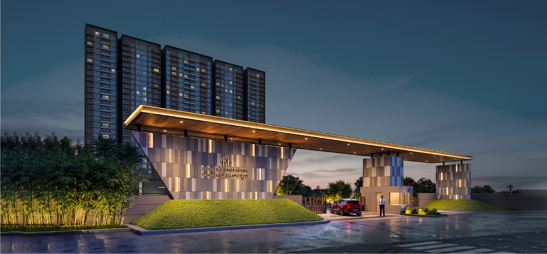 Godrej Parkshire entrance at dusk in Hoskote, Bengaluru, with the project name on its gateway